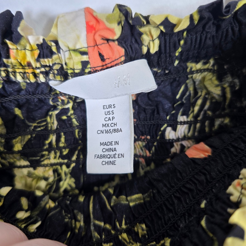 H&M Smocked Off Shoulder Floral Dress Black Multi Size S - Picture 5 of 6